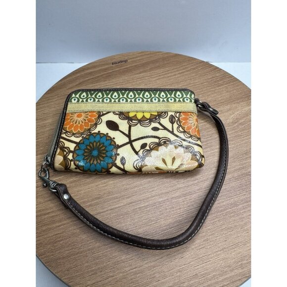 Fossil Floral Wristlet Wallet Zip Around Brown Orange Yellow Green - Picture 2 of 6